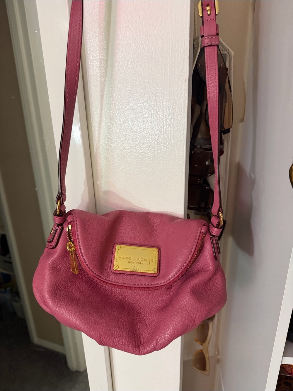 Marc Jacobs Raspberry Pink Leather Crossbody with Gold Plaque - Vintage